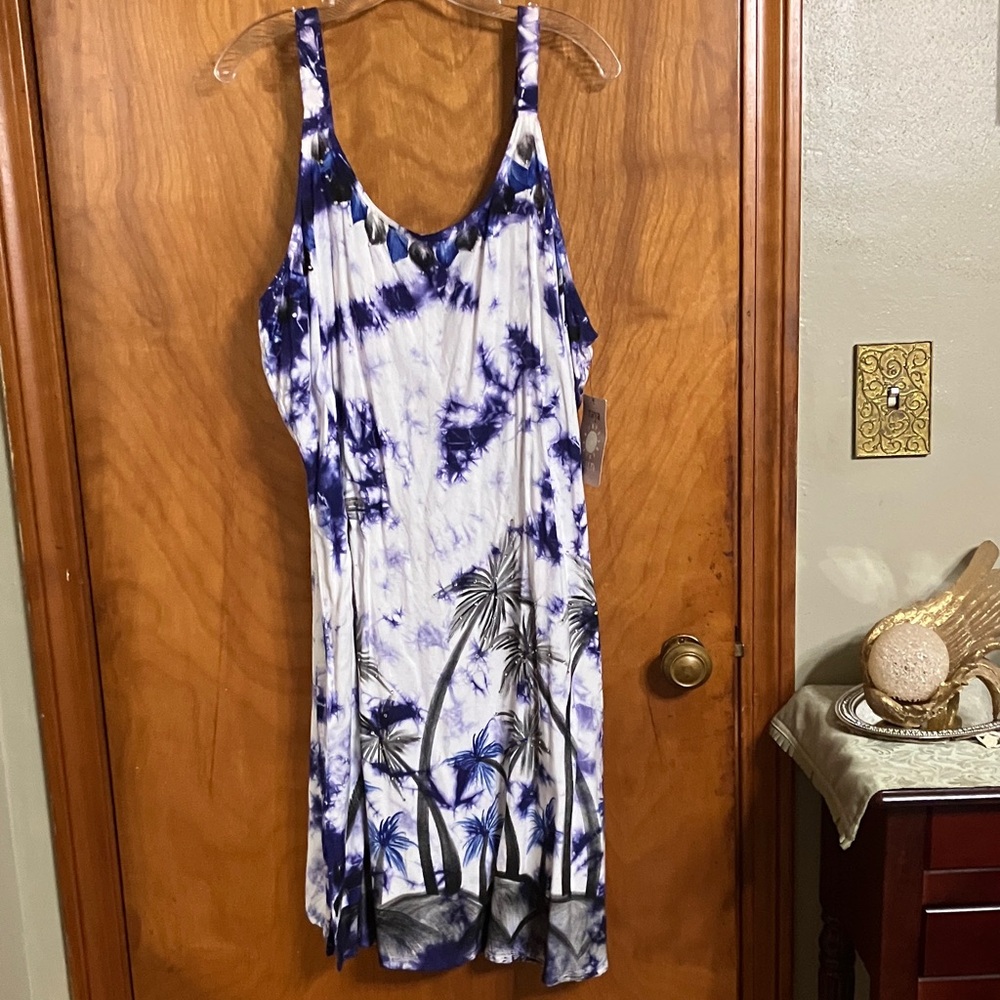 raya sun Blue and White Tie-Dye Tank Dress with Palm Graphic